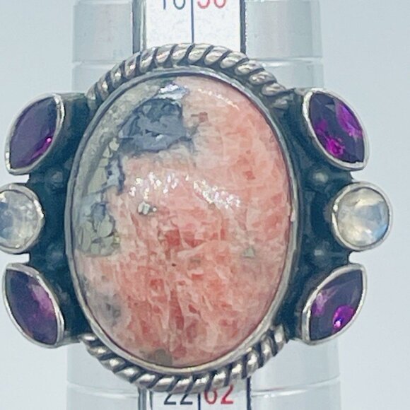 Artisan Rhodonite Garnet Moonstone Ring Size 9 Sterling Silver Bezel Set Stones - Picture 10 of 10